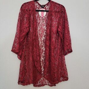 Southern Charm Lace Cardigan OS Red Open‎ Front Lightweight Cover Up
